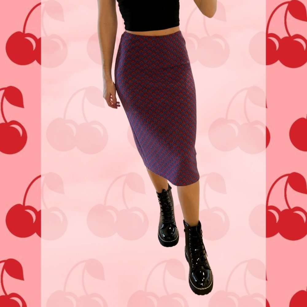 American Apparel Blue and Red Patterned Knit Midi Skirt Size M